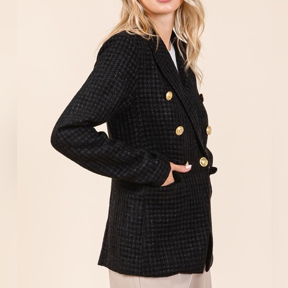 NWT Mittoshop Black Plaid Chunky Textured Double Breasted Long Sleeve Blazer - Picture 4 of 6